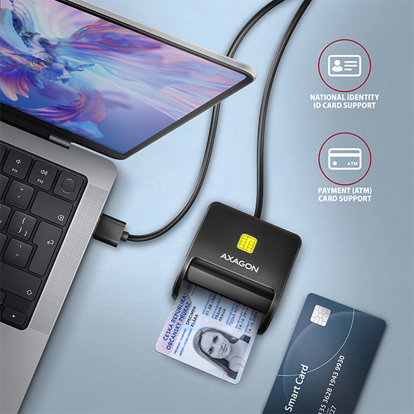 AXAGON CRE-SM3N, USB-A FlatReader čítačka kontaktných kariet Smart card (eObčanka), kábel 1.3m 