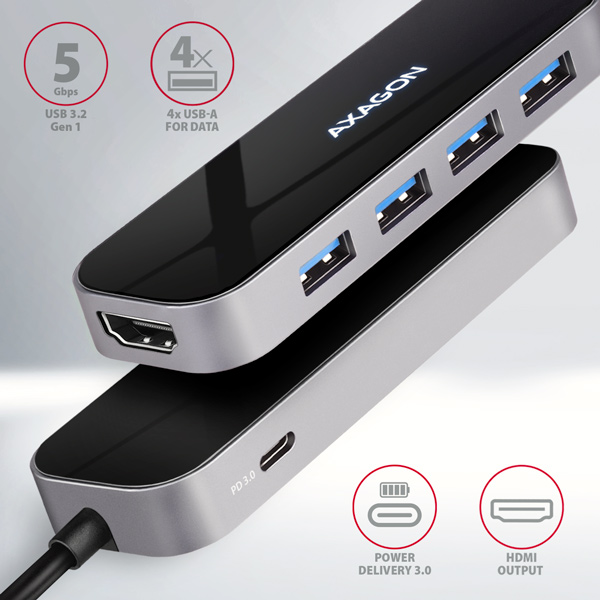AXAGON HMC-6H4A, USB 3.2 Gen 1 hub, porty 4x USB-A, HDMI 4k/ 30Hz, PD 100W, kábel USB-C 20cm 