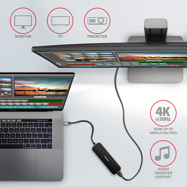 AXAGON HMC-6H4A, USB 3.2 Gen 1 hub, porty 4x USB-A, HDMI 4k/ 30Hz, PD 100W, kábel USB-C 20cm 