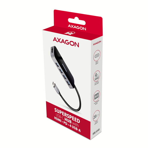 AXAGON HMC-6H4A, USB 3.2 Gen 1 hub, porty 4x USB-A, HDMI 4k/ 30Hz, PD 100W, kábel USB-C 20cm 