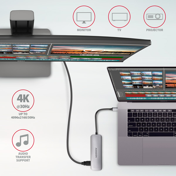 AXAGON HMC-HCR3A, USB 3.2 Gen 1 hub, porty 3x USB-A, HDMI 4k/ 30Hz, SD/ microSD, kábel USB-C 20cm 