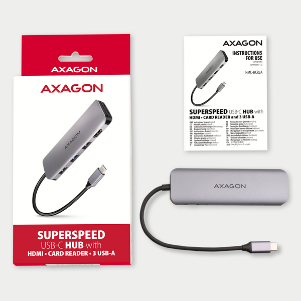 AXAGON HMC-HCR3A, USB 3.2 Gen 1 hub, porty 3x USB-A, HDMI 4k/ 30Hz, SD/ microSD, kábel USB-C 20cm 