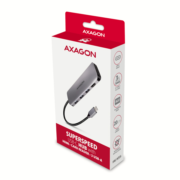 AXAGON HMC-HCR3A, USB 3.2 Gen 1 hub, porty 3x USB-A, HDMI 4k/ 30Hz, SD/ microSD, kábel USB-C 20cm 