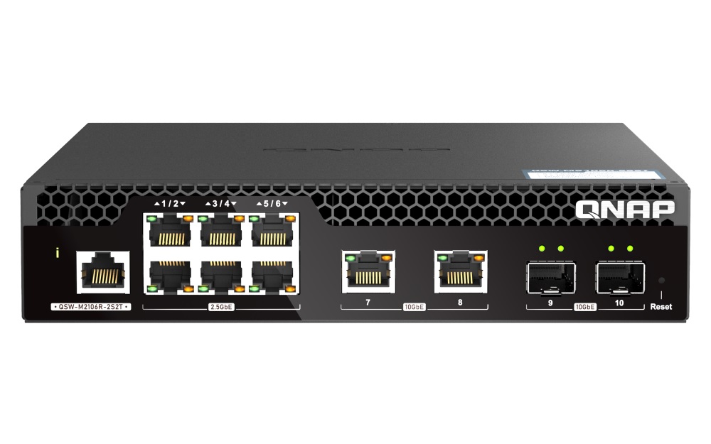 QNAP riadený switch QSW-M2106R-2S2T (6x 2, 5GbE RJ45, 2x 10GbE RJ45, 2x 10GbE SFP+, malá šírka)