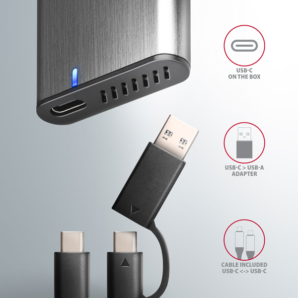 AXAGON EEM2-SB2, USB-C 3.2 Gen 2 - M.2 NVMe & SATA SSD kovový RAW box, bezšroubkový, černý 