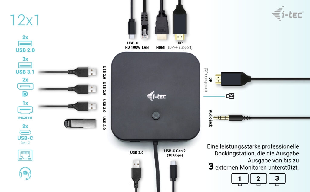 i-tec USB-C HDMI + Dual DP Docking Station, Power Delivery 100W 