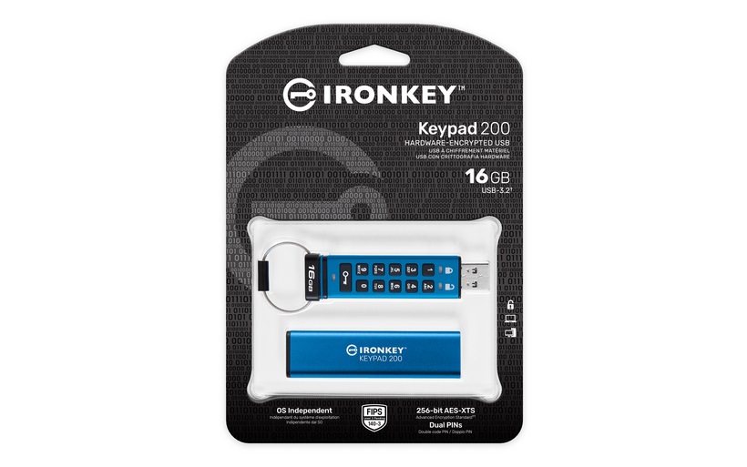 Kingston IronKey Keypad 200/ 16GB/ USB 3.2/ USB-A/ Modrá 