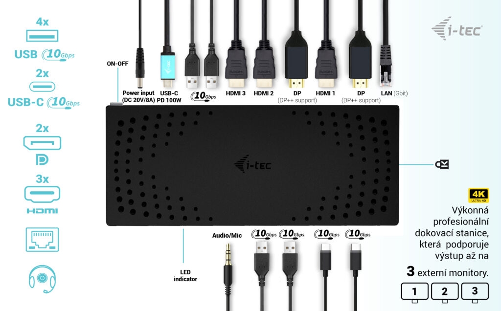 i-tec USB 3.0 / USB-C / Thunderbolt, 3x 4K Docking Station Gen 2, Power Delivery 100W 