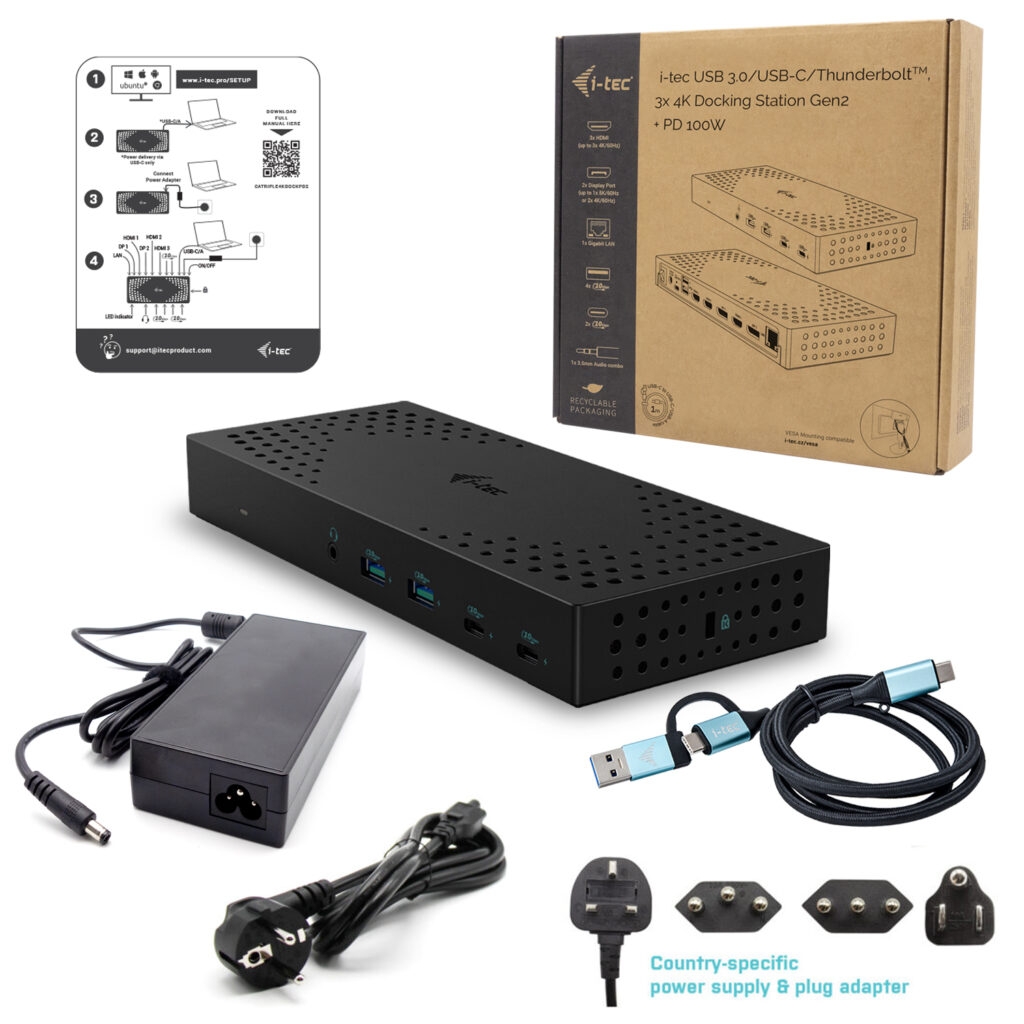 i-tec USB 3.0 / USB-C / Thunderbolt, 3x 4K Docking Station Gen 2, Power Delivery 100W 