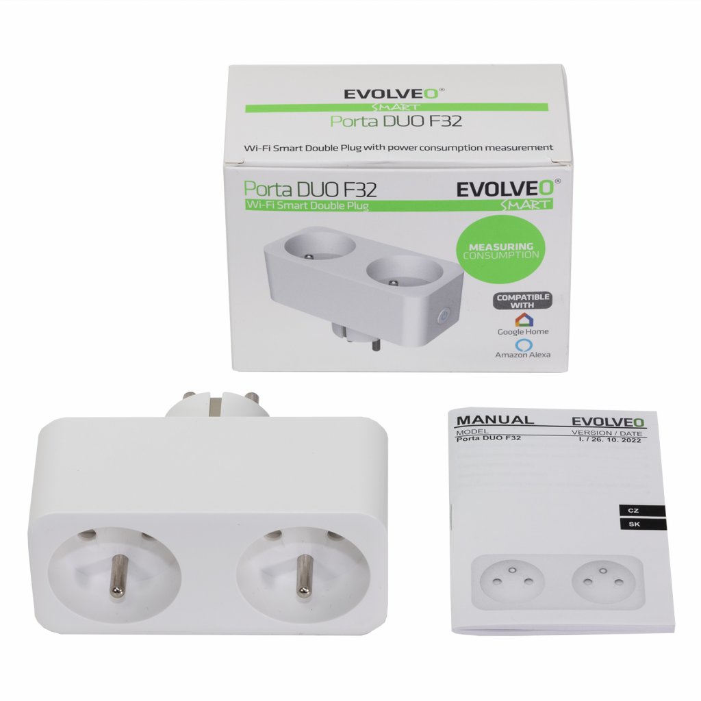 EVOLVEO Porta DUO F32, múdra Wi-Fi dvojzásuvka s meraním spotreby 