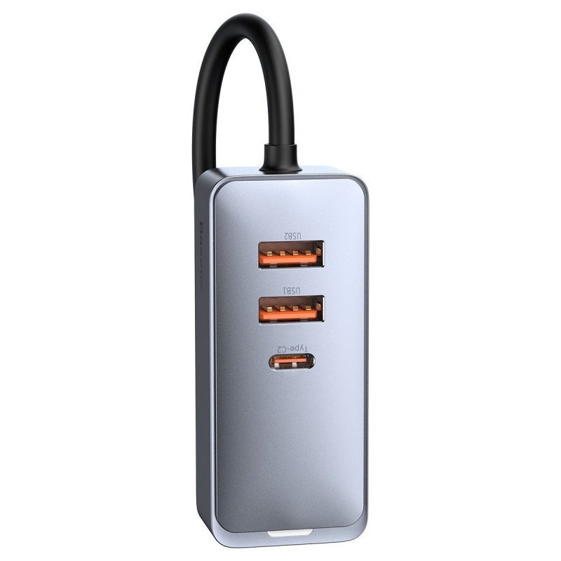 Baseus CCBT-A0G Rychlá Nabíječka do Auta s Prodlužovacím Kabelem 120W 3x USB +1xUSB-C Gray 