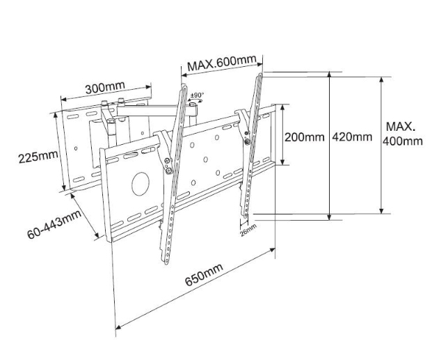 TB držák TV do 70" a 55 kg max VESA 600x400 