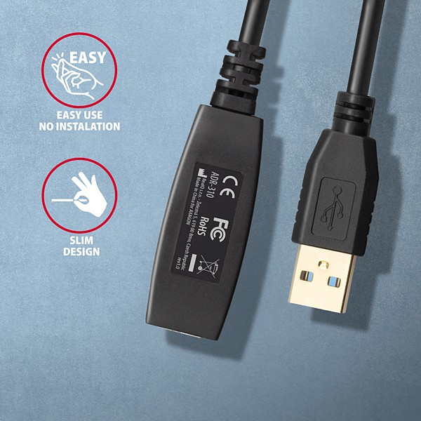 AXAGON ADR-310, USB 3.2 Gen 1 A-M -> A-F aktívny predlžovací / repeater kábel, 10m 