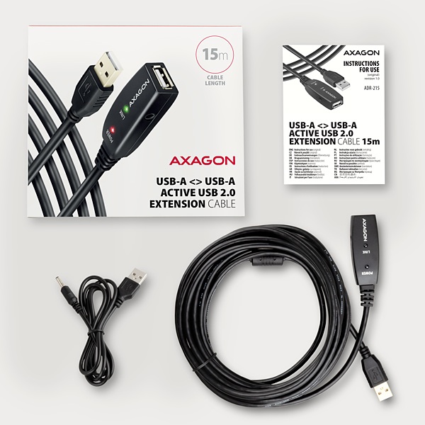 AXAGON ADR-215, USB 2.0 A-M -> A-F aktívny predlžovací / repeater kábel, 15m 