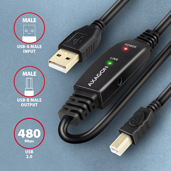 AXAGON ADR-220B, USB 2.0 A-M -> B-M aktívny prepojovací / repeater kábel, 20m 