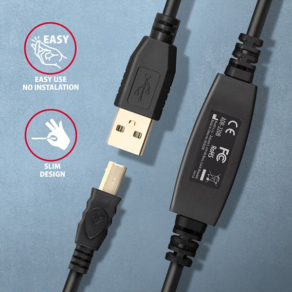AXAGON ADR-220B, USB 2.0 A-M -> B-M aktívny prepojovací / repeater kábel, 20m 