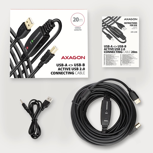 AXAGON ADR-220B, USB 2.0 A-M -> B-M aktívny prepojovací / repeater kábel, 20m 