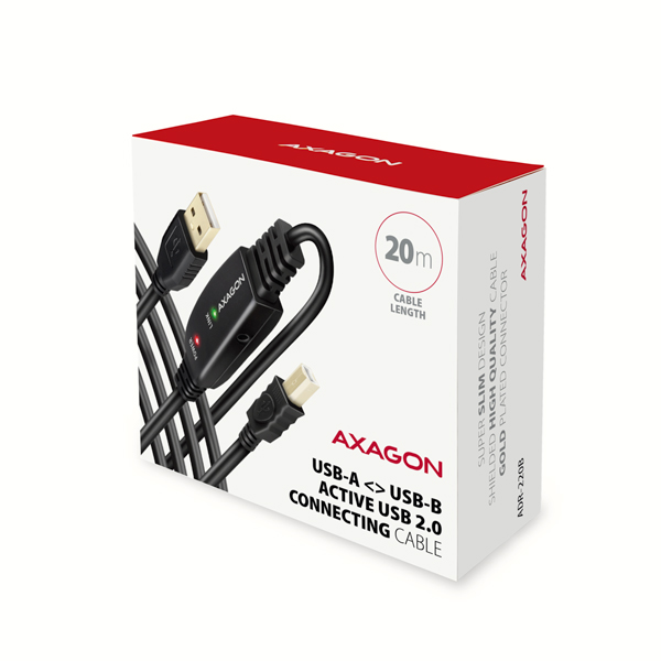 AXAGON ADR-220B, USB 2.0 A-M -> B-M aktívny prepojovací / repeater kábel, 20m 