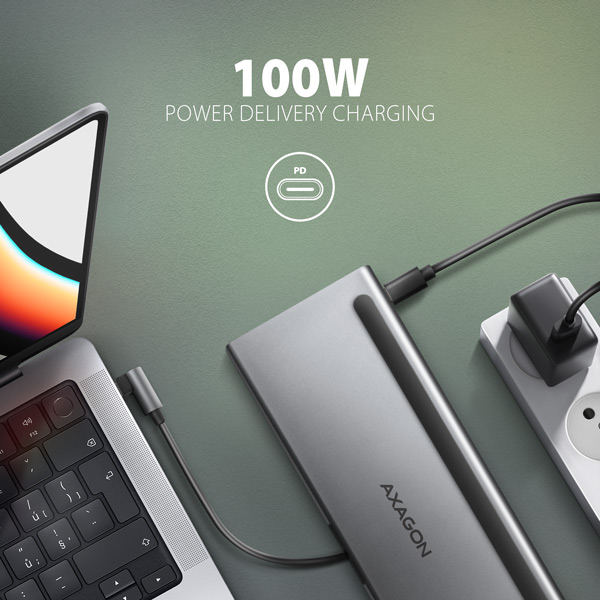 AXAGON HMC-4KX3 USB 5Gbps hub, 3x USB-A, 2x HDMI, DP, RJ-45, SD/ microSD, audio, PD 100W, kábel 40cm 