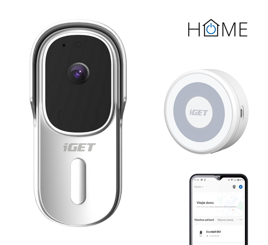 iGET HOME Doorbell DS1 White + CHS1 White - WiFi batériový videozvonček, set s reproduktorom, CZ app
