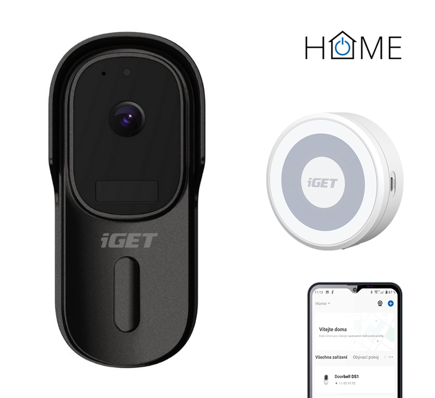 iGET HOME Doorbell DS1 Black + CHS1 White - WiFi batériový videozvonček, set s reproduktorom, CZ app