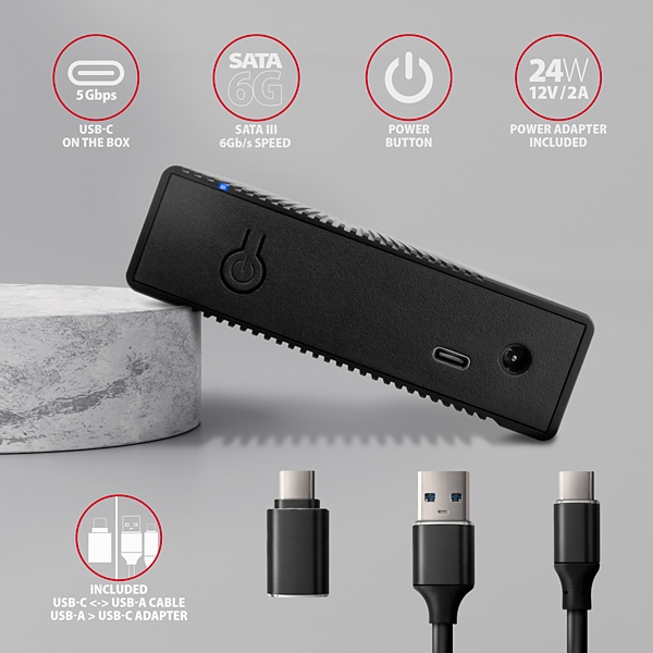 AXAGON EE35-GTR, USB-C 5Gbps - SATA 6G 3.5" RIBBED box, čierny 