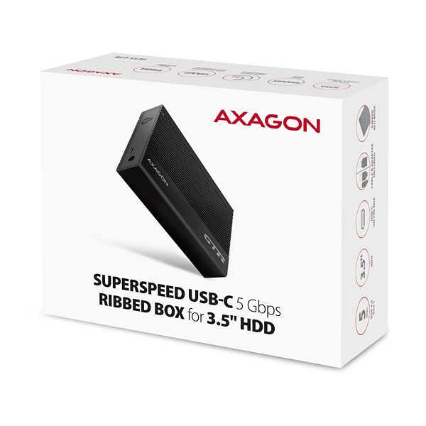 AXAGON EE35-GTR, USB-C 5Gbps - SATA 6G 3.5" RIBBED box, černý 