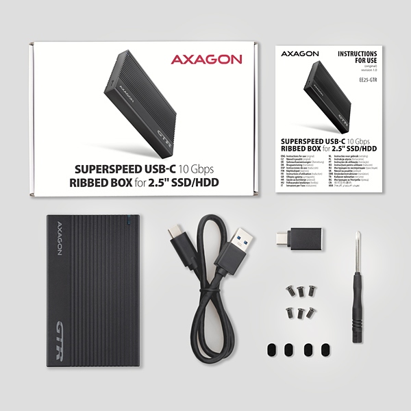 AXAGON EE25-GTR, USB-C 10Gbps - SATA 6G 2.5" RIBBED box, čierny 
