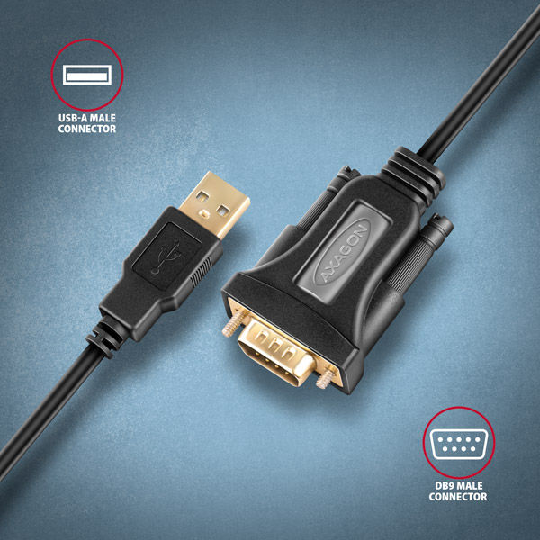 AXAGON ADS-1PQN, USB-A 2.0 - sériový RS-232 DB9-M FTDI adaptér / kábel 1.5m 