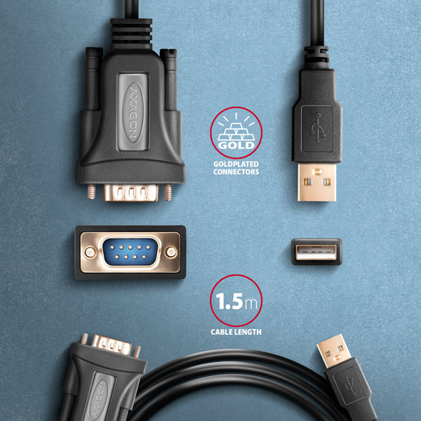 AXAGON ADS-1PQN, USB-A 2.0 - sériový RS-232 DB9-M FTDI adaptér / kábel 1.5m 