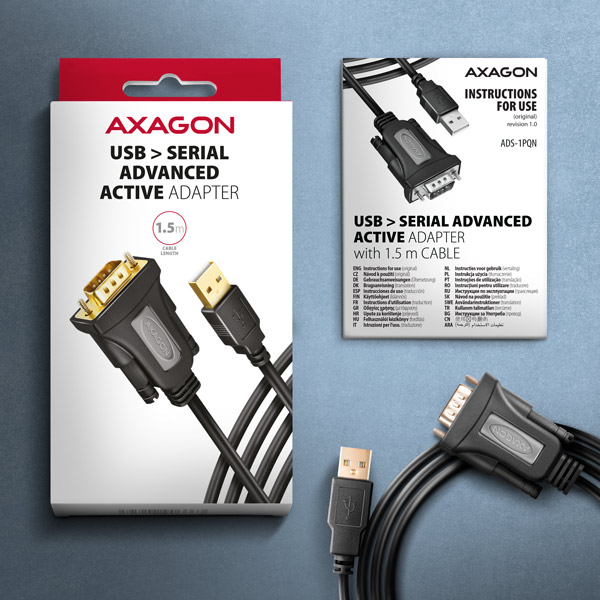 AXAGON ADS-1PQN, USB-A 2.0 - sériový RS-232 DB9-M FTDI adaptér / kábel 1.5m 