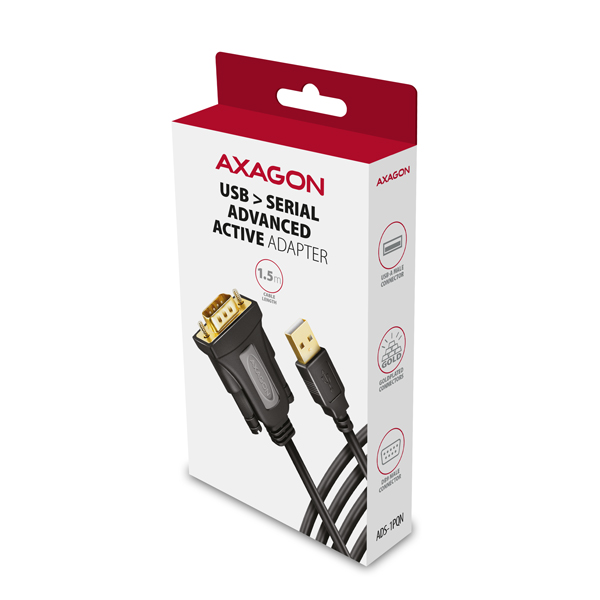 AXAGON ADS-1PQN, USB-A 2.0 - sériový RS-232 DB9-M FTDI adaptér / kábel 1.5m 