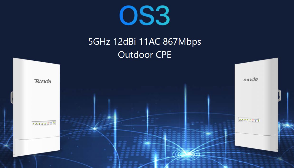 Tenda OS3 Outdoor CPE 5 GHz WiFi-AC 867 Mbps, 4x LAN, 12 dBi, IP65, pasívna PoE výhybka + adaptér 