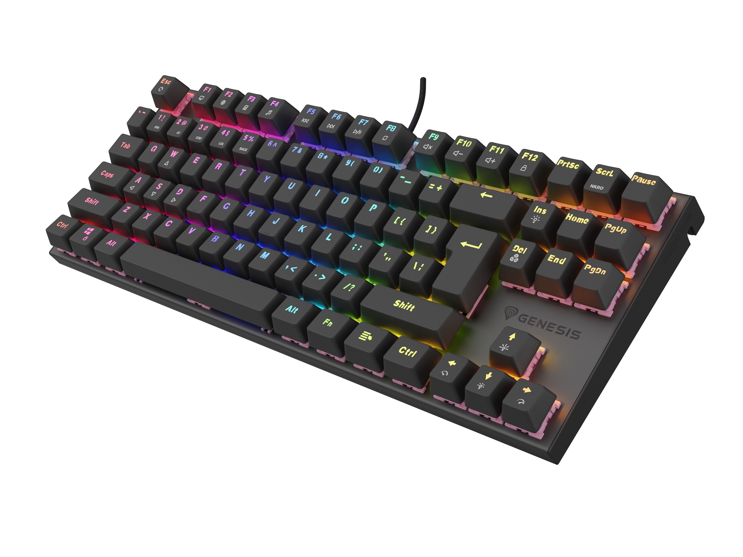 Genesis herná mechanická klávesnica THOR 303/ TKL/ RGB/ Outemu Peach Silent/ Drôtová USB/ US layout/ Čierna 