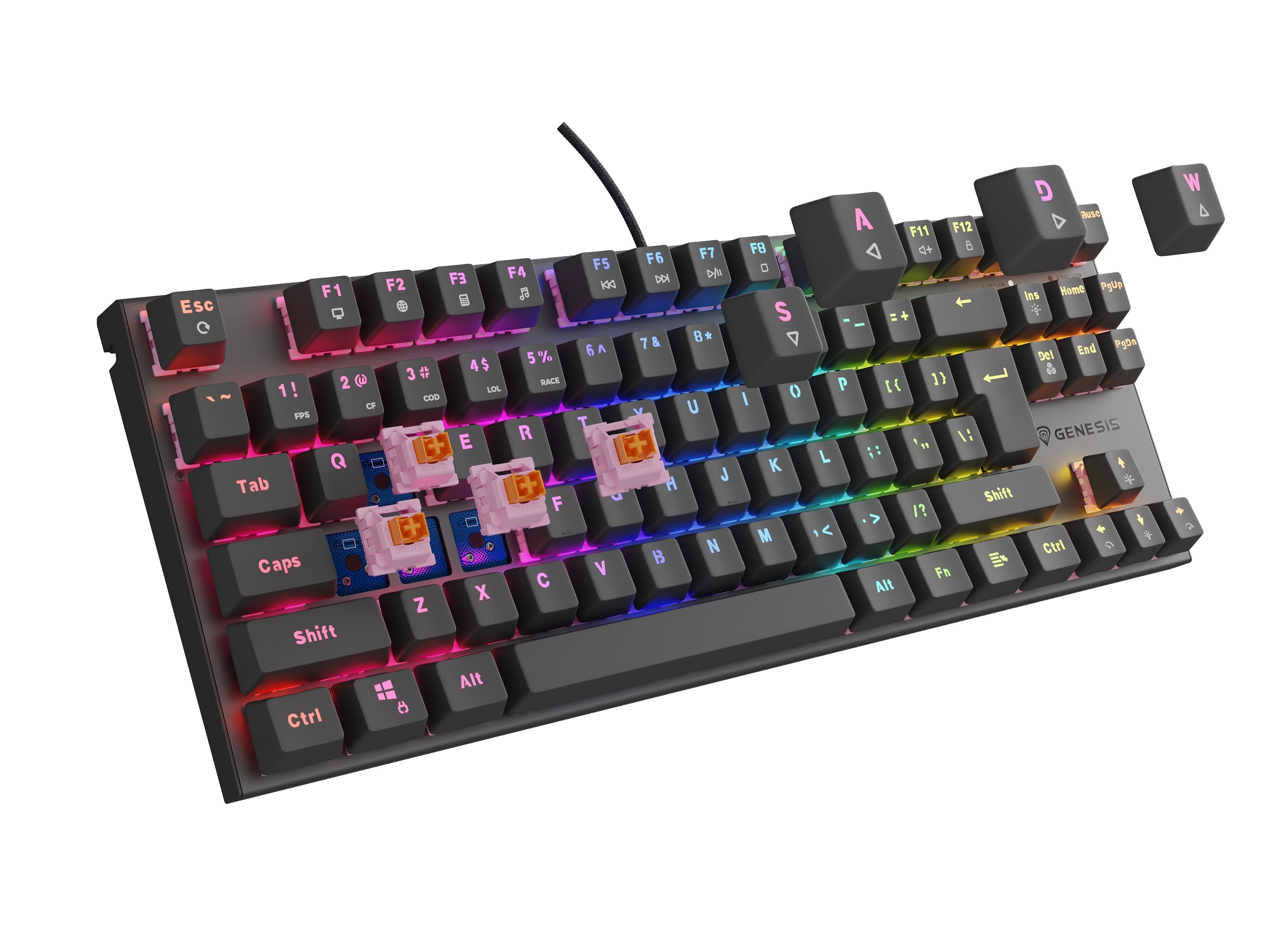Genesis herná mechanická klávesnica THOR 303/ TKL/ RGB/ Outemu Peach Silent/ Drôtová USB/ US layout/ Čierna 