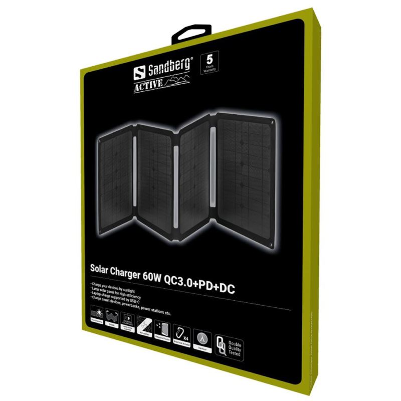 Sandberg solárny panel - nabíjačka, výkon 60W, QC3.0 + PD + DC, čierna 