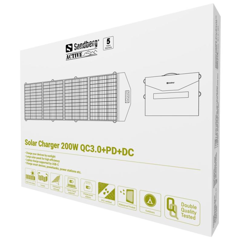 Sandberg solárny panel - nabíjačka, výkon 200W, QC3.0+PD+DC, čierna 