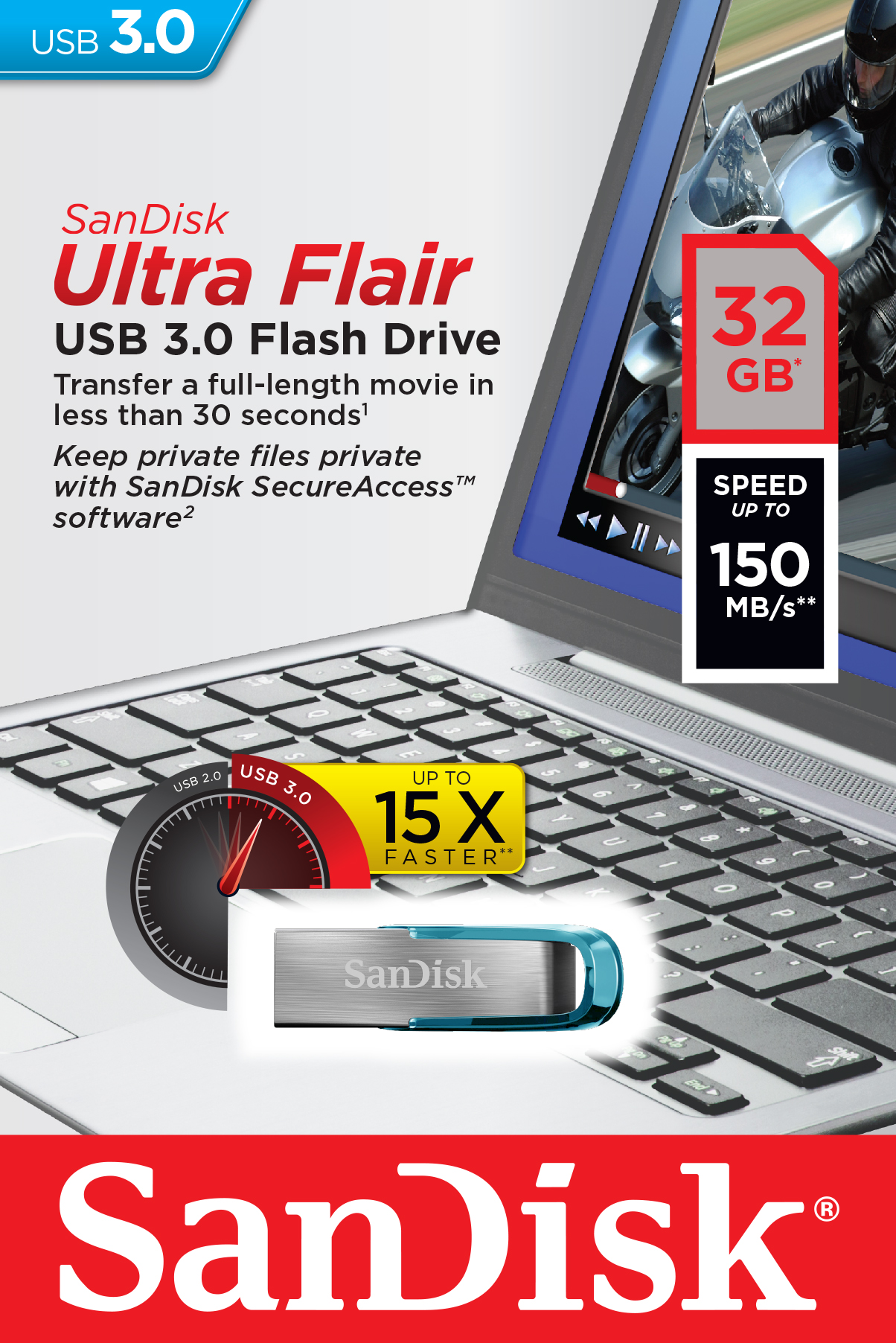 SanDisk Ultra Flair/ 32GB/ 150MBps/ USB 3.0/ USB-A/ Modrá 