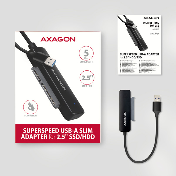 AXAGON ADSA-FP2A, USB-A 5Gbps - SATA 6G 2.5" SSD/ HDD SLIM adaptér 