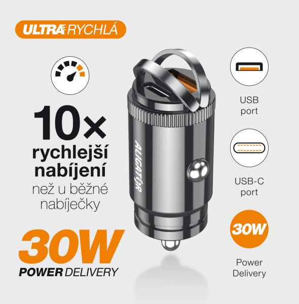 Aligator mini nabíjačka do auta Power Delivery 30W, USB-C + USB-A, USB-C/ USB-C kábel 