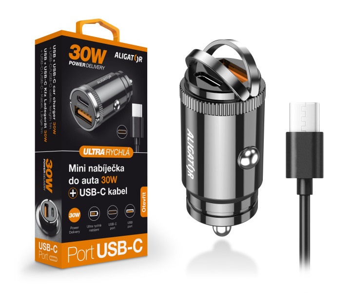 Aligator mini nabíječka do auta Power Delivery 30W, USB-C + USB-A, USB-C/ USB-C kabel