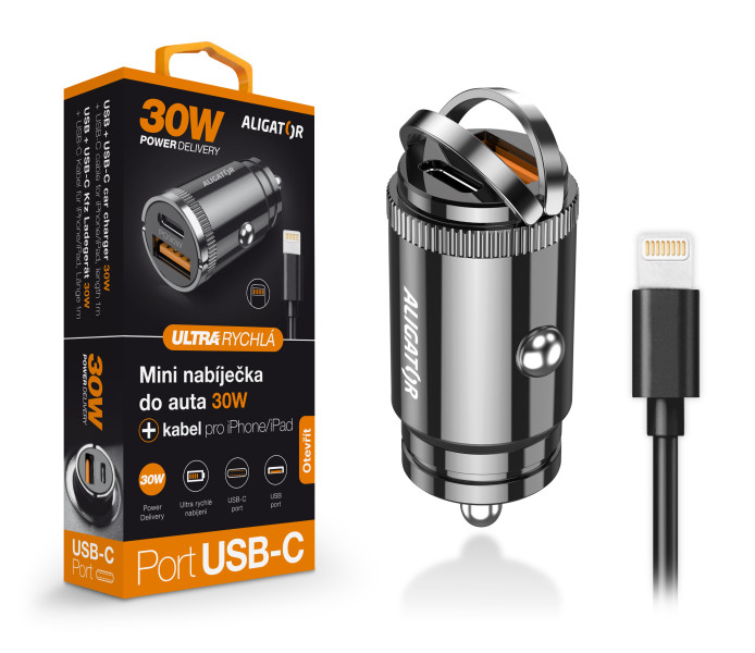 Aligator mini nabíječka do auta Power Delivery 30W, USB-C + USB-A, USB-C kabel pro iPhone/ iPad