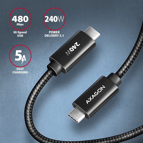 AXAGON BUCM2-CM20AB, CHARGE kábel USB-C <-> USB-C, 2m, Hi-Speed USB, PD 240W 5A, ALU, oplet, čierny 