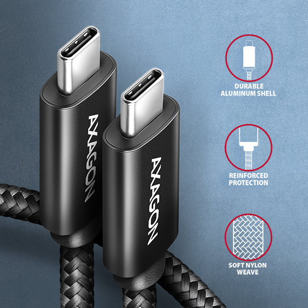 AXAGON BUCM2-CM20AB, CHARGE kábel USB-C <-> USB-C, 2m, Hi-Speed USB, PD 240W 5A, ALU, oplet, čierny 