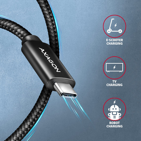 AXAGON BUCM2-CM20AB, CHARGE kábel USB-C <-> USB-C, 2m, Hi-Speed USB, PD 240W 5A, ALU, oplet, čierny 