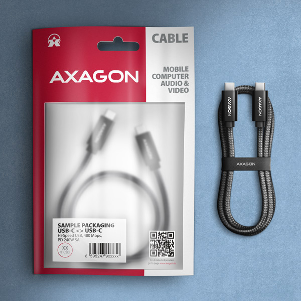 AXAGON BUCM2-CM20AB, CHARGE kábel USB-C <-> USB-C, 2m, Hi-Speed USB, PD 240W 5A, ALU, oplet, čierny 