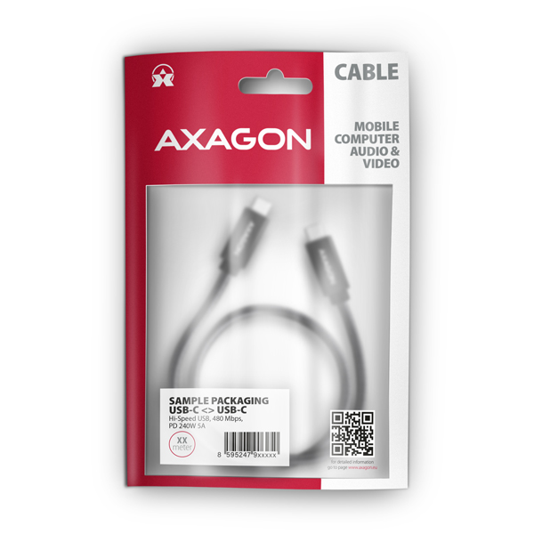 AXAGON BUCM2-CM20AB, CHARGE kábel USB-C <-> USB-C, 2m, Hi-Speed USB, PD 240W 5A, ALU, oplet, čierny 