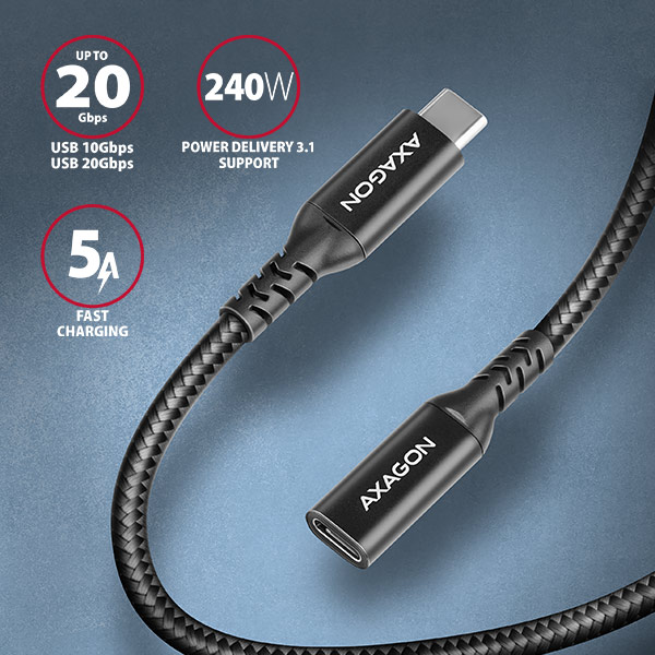 AXAGON BUCM32-CF10AB predlžovací kábel USB-C (M) <-> USB-C (F), 1m, USB 20Gbps, PD 240W, ALU, oplet 