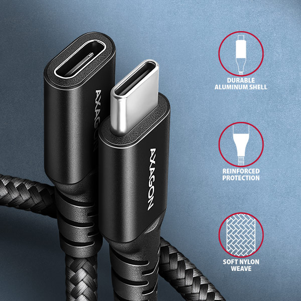 AXAGON BUCM32-CF10AB predlžovací kábel USB-C (M) <-> USB-C (F), 1m, USB 20Gbps, PD 240W, ALU, oplet 