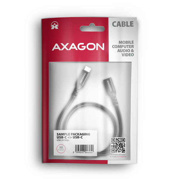 AXAGON BUCM32-CF10AB predlžovací kábel USB-C (M) <-> USB-C (F), 1m, USB 20Gbps, PD 240W, ALU, oplet 